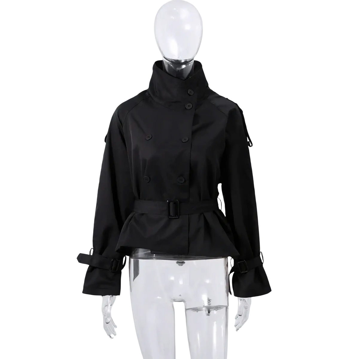 Black double-breasted trench coat for women with high collar belted waist and adjustable cuffs