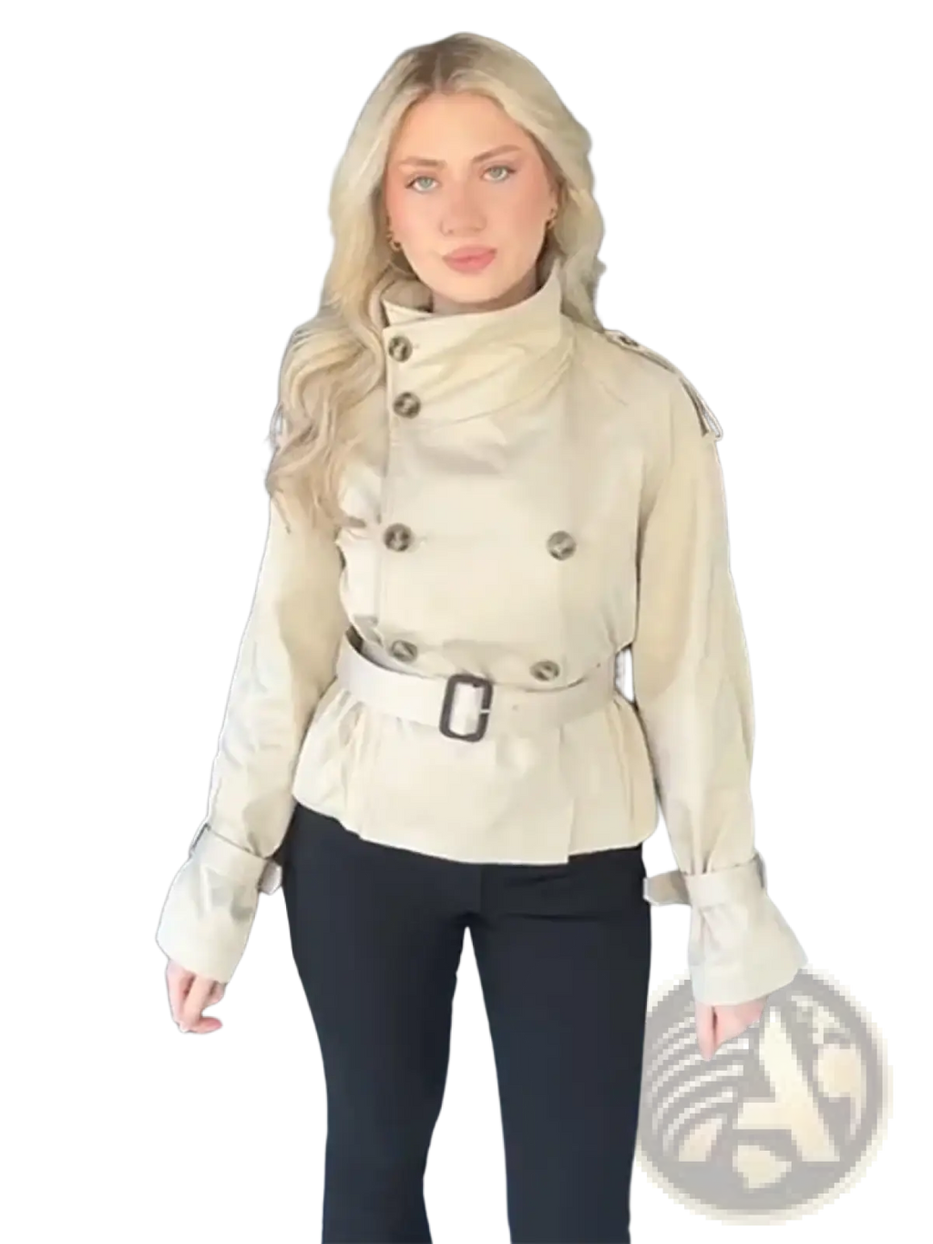 Women beige trench coat made of durable fabric featuring double-breasted buttons and a belted waist
