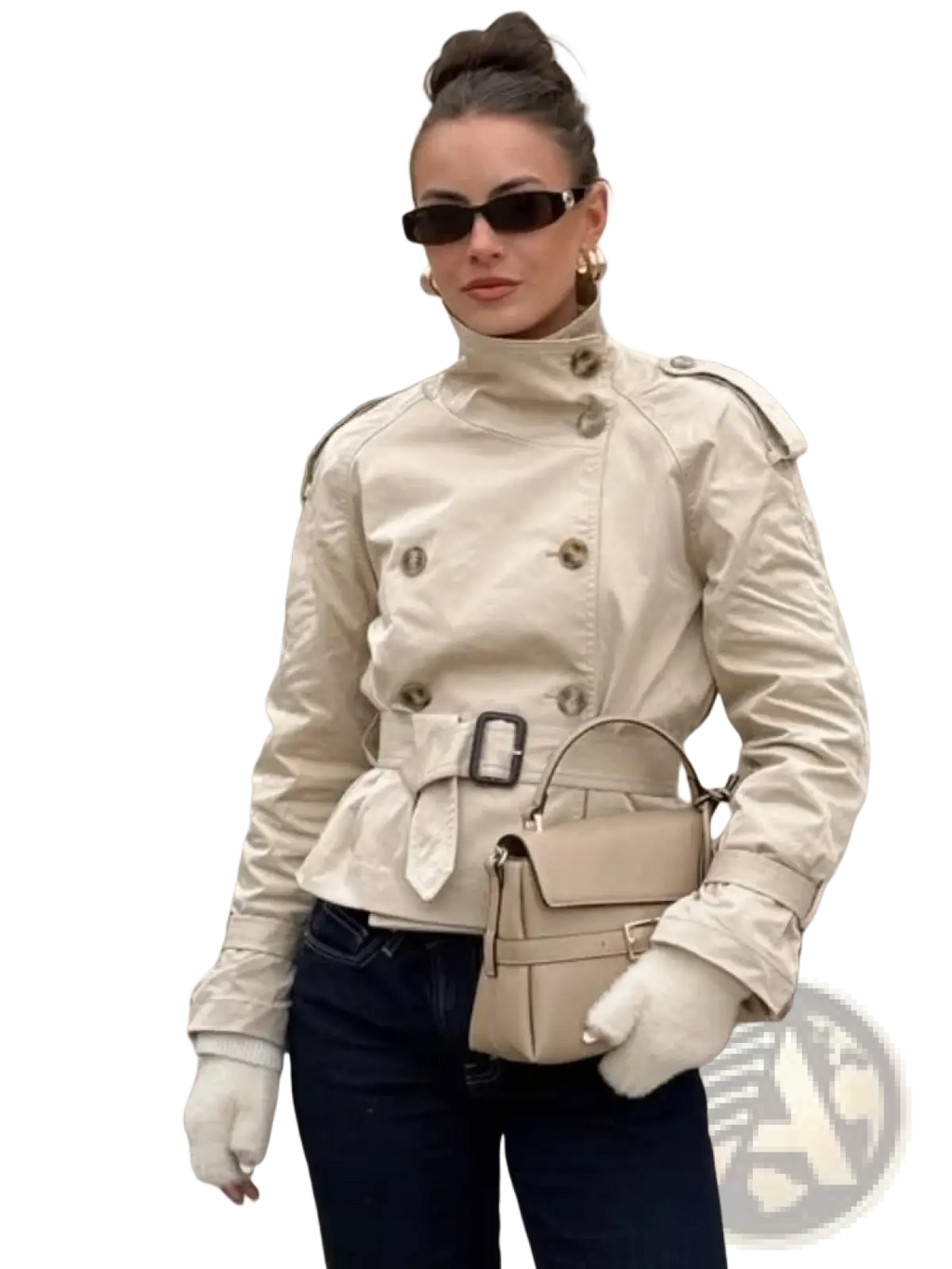 Women beige trench coat with double-breasted buttons and belted waist made from lightweight fabric