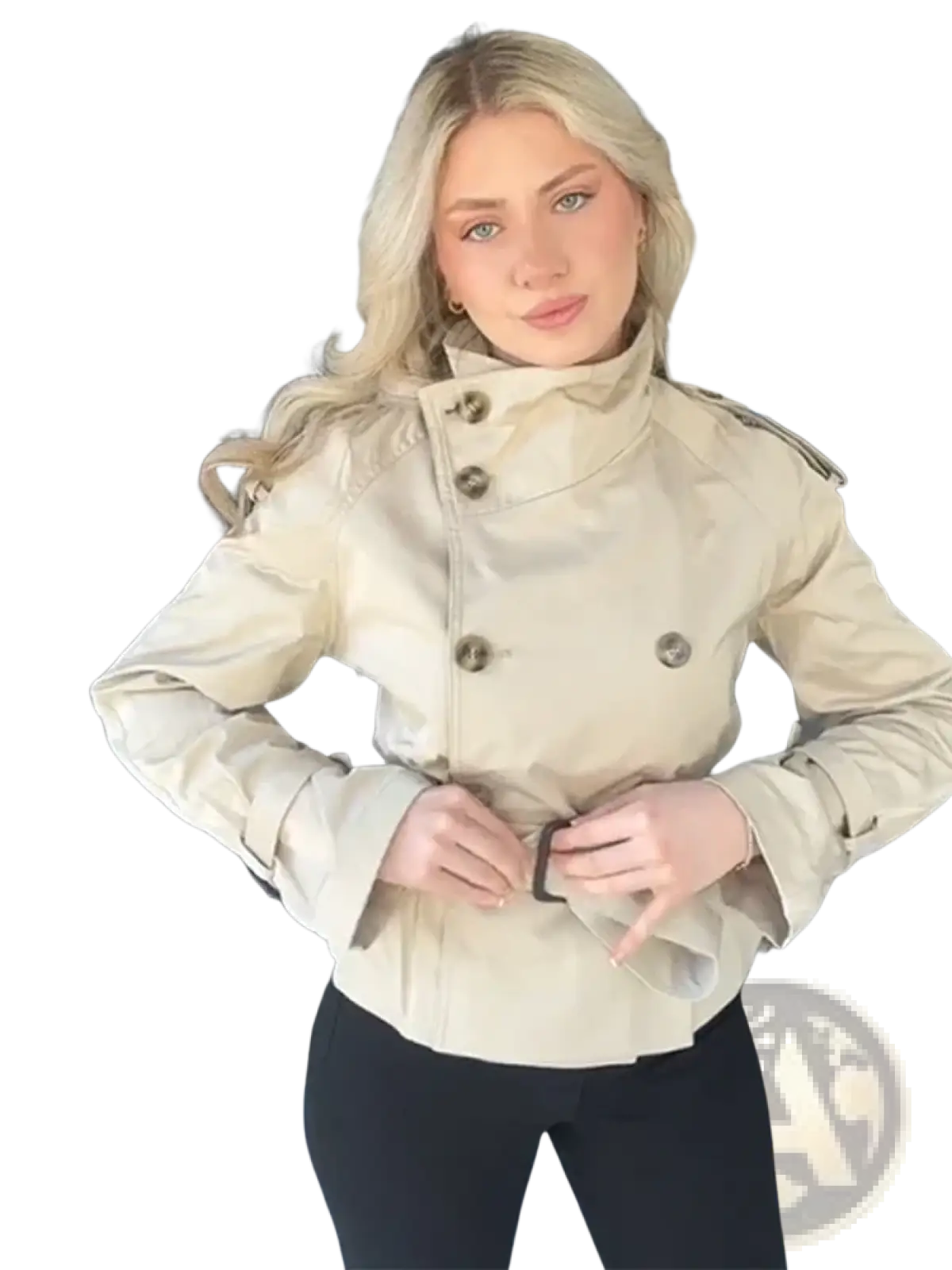 Beige women trench coat with double breasted style dark brown buttons and belted waist for a tailored fit