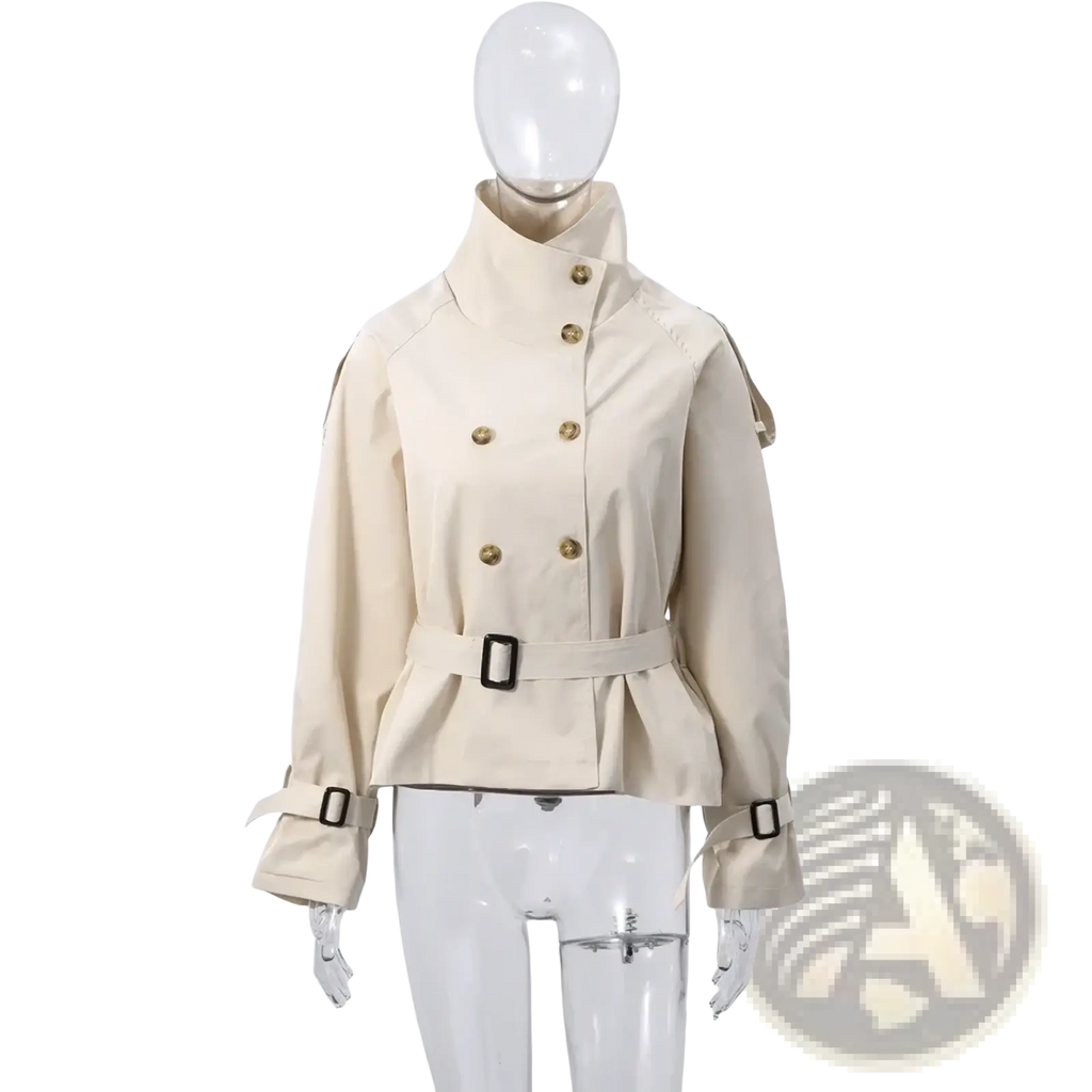 Women beige double breasted trench coat with gold toned buttons and black belt accents in a stylish design