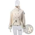 Women beige double breasted trench coat with gold toned buttons and black belt accents in a stylish design