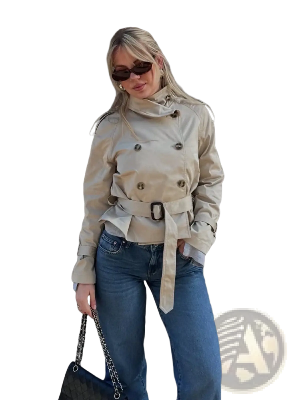 Women beige trench coat with belted waist and double breasted front in a classic tailored design