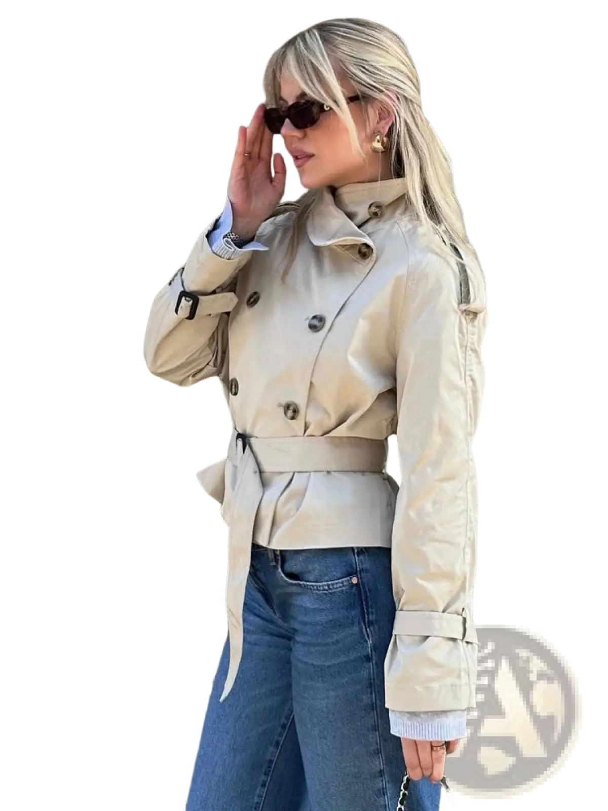 Women beige trench coat with belted waist and double-breasted front in lightweight fabric for stylish outerwear