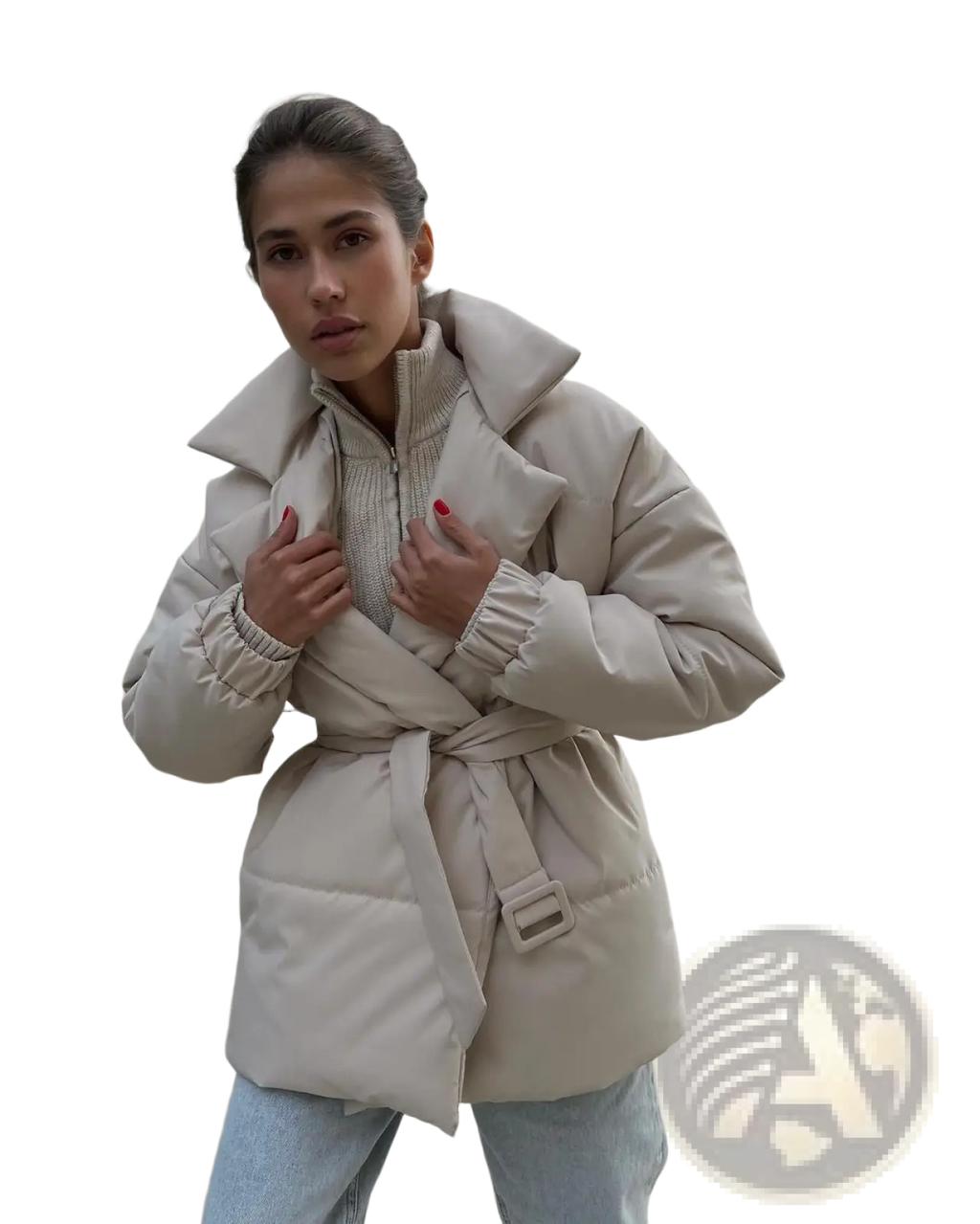 Beige women belted quilted puffer coat with ribbed cuffs designed for winter jacket warmth and style