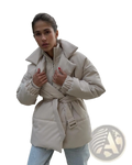 Beige women belted quilted puffer coat with ribbed cuffs designed for winter jacket warmth and style