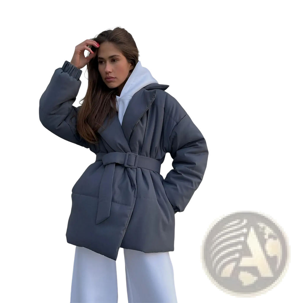 Women belted quilted puffer coat gray with hood and belt designed for winter cold weather protection