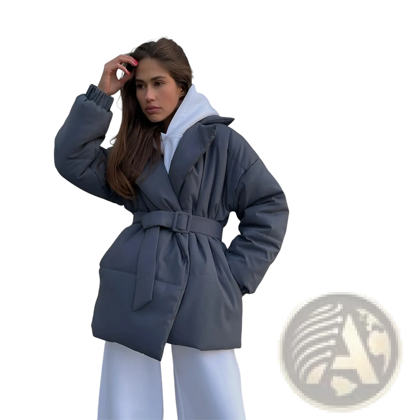 Women belted quilted puffer coat gray with hood and belt designed for winter cold weather protection
