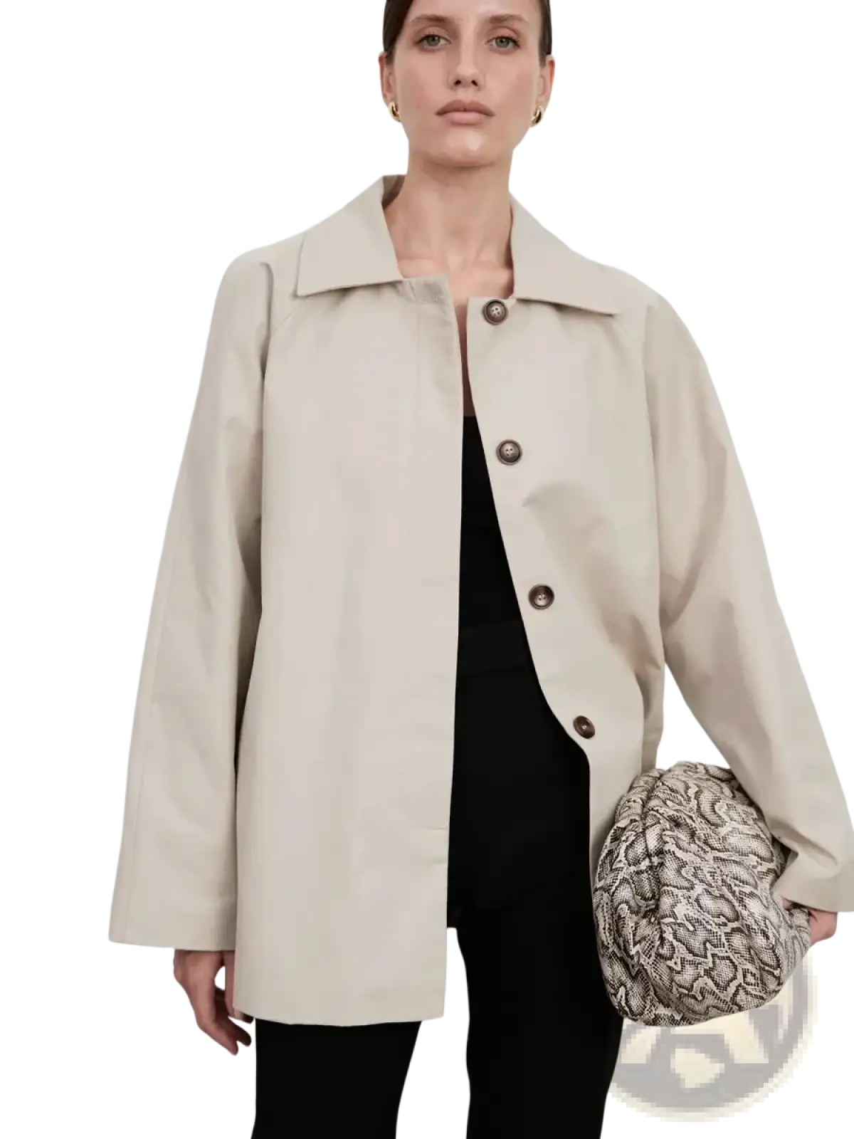 Beige women belted trench coat with cape overlay featuring a structured collar and dark brown buttons