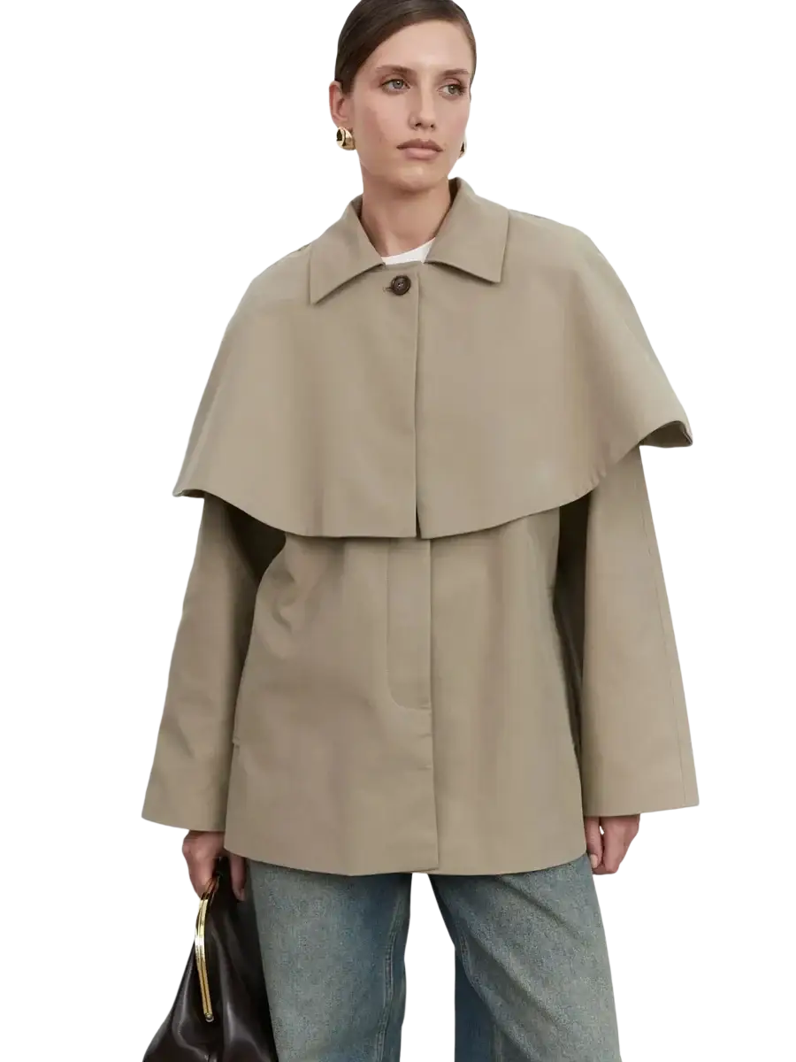Beige women belted trench coat with cape overlay featuring double-layered flared collar and long sleeves