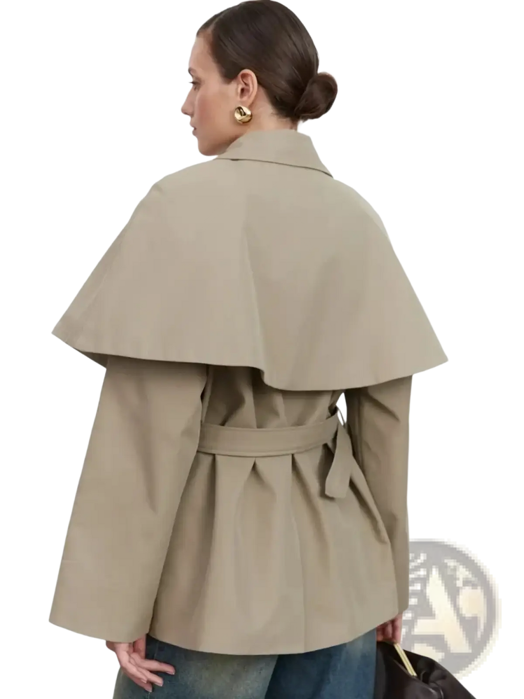 Beige women belted trench coat with wide layered cape collar and matching belt, shown from the back side