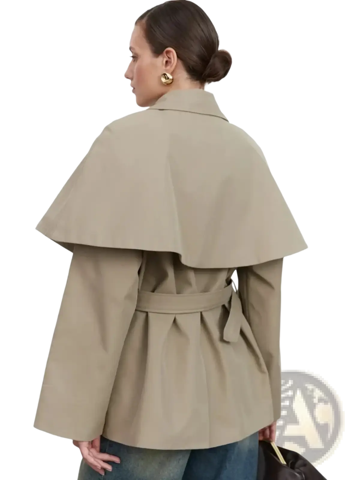 Beige women belted trench coat with wide layered cape collar and matching belt, shown from the back side