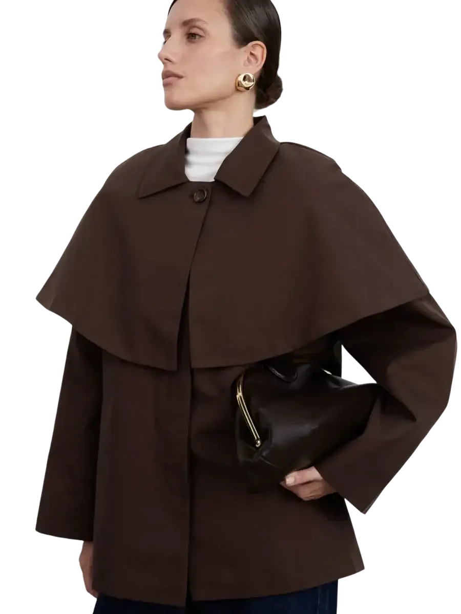 Brown women belted trench coat with cape overlay featuring a structured collar and wide flowing sleeves