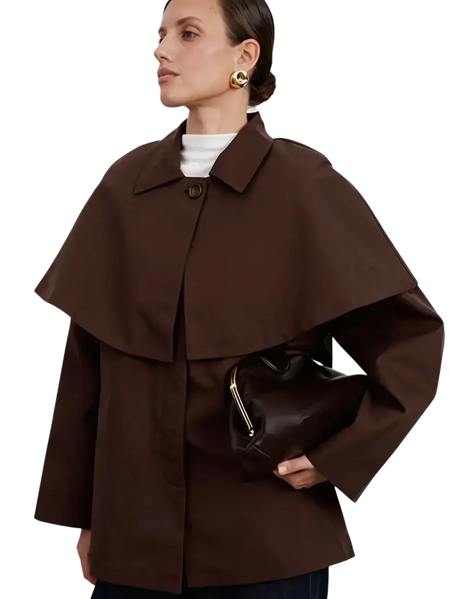 Women brown belted trench coat with cape overlay featuring a structured collar and wide layered sleeves