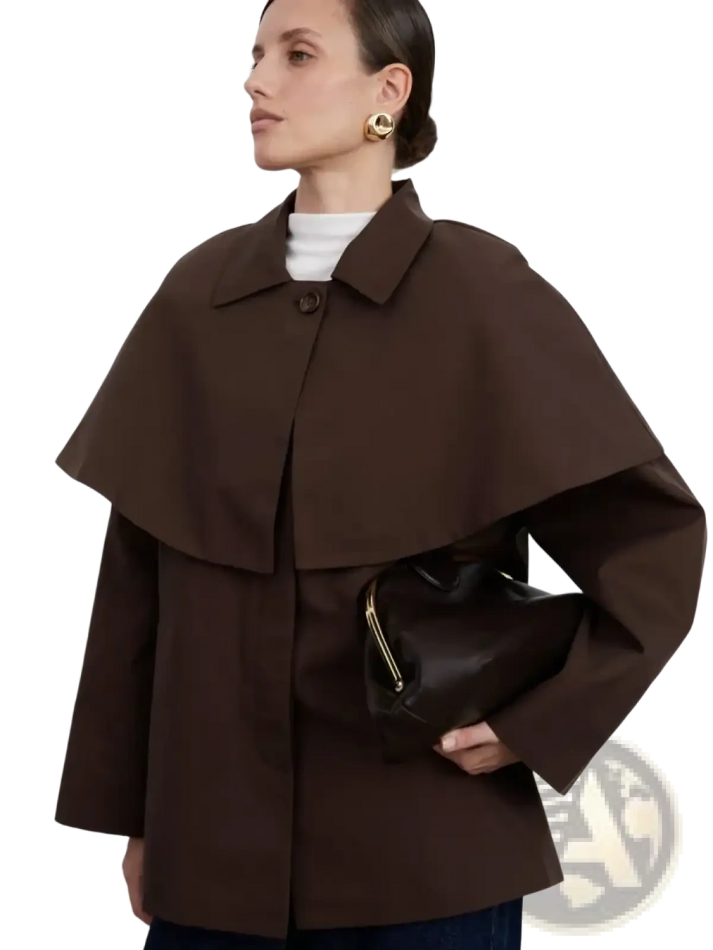 Brown women belted trench coat with cape overlay featuring a structured collar and wide flowing sleeves