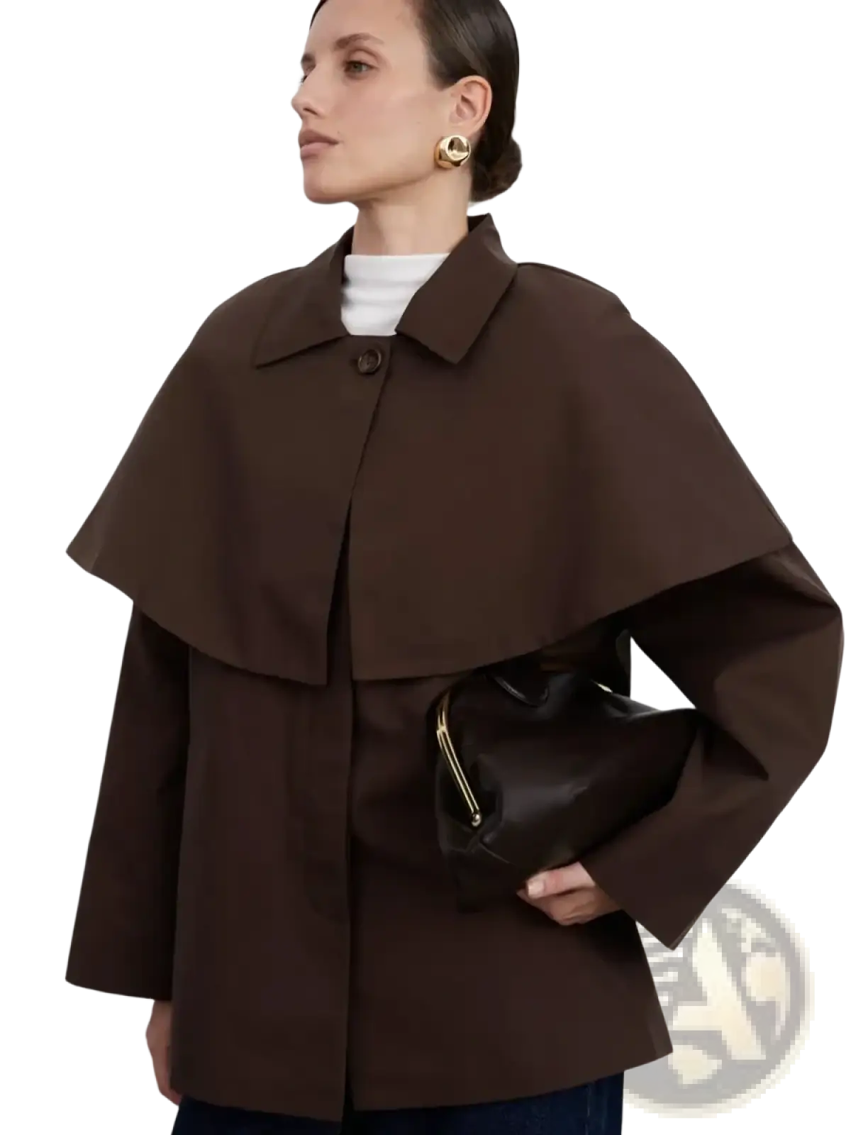 Brown women belted trench coat with cape overlay featuring a structured collar and wide flowing sleeves
