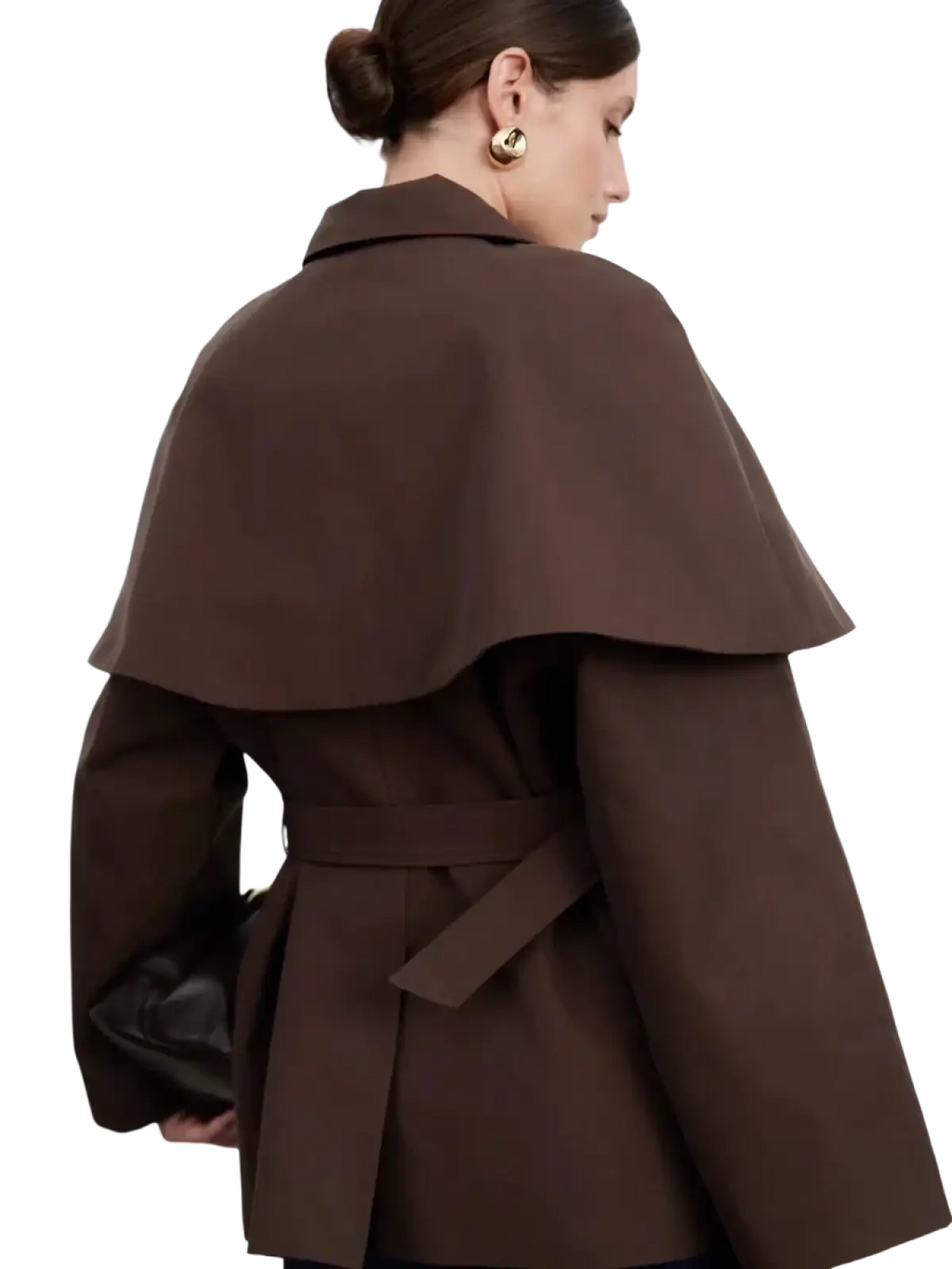 Brown women belted trench coat with cape overlay featuring layered flowing fabric and a belted waist detail