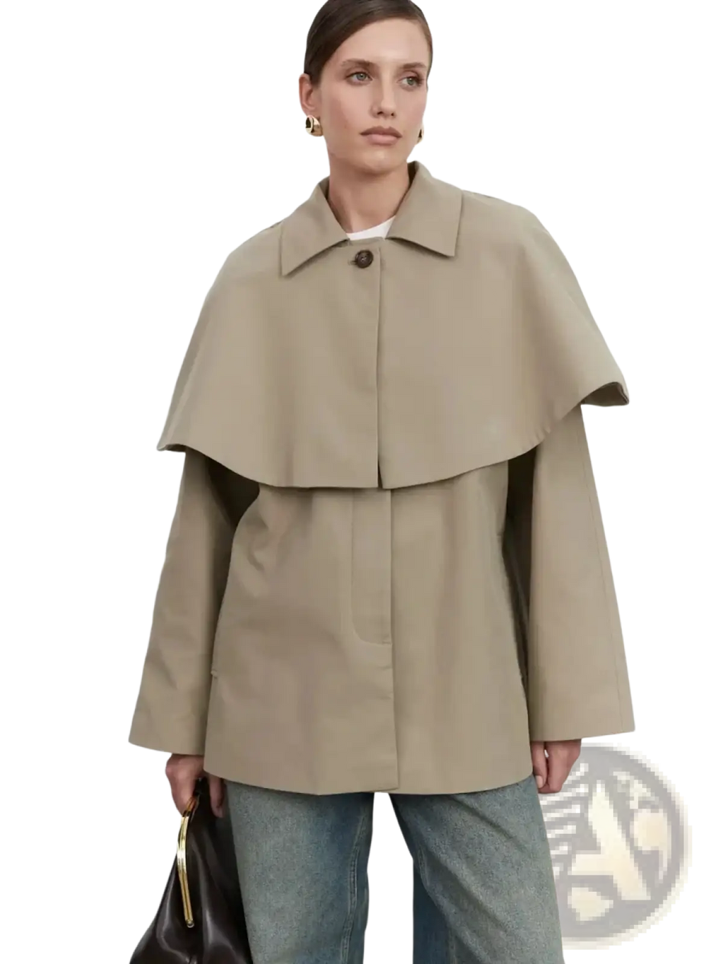 Beige women belted trench coat with cape overlay featuring double-layered flared collar and long sleeves