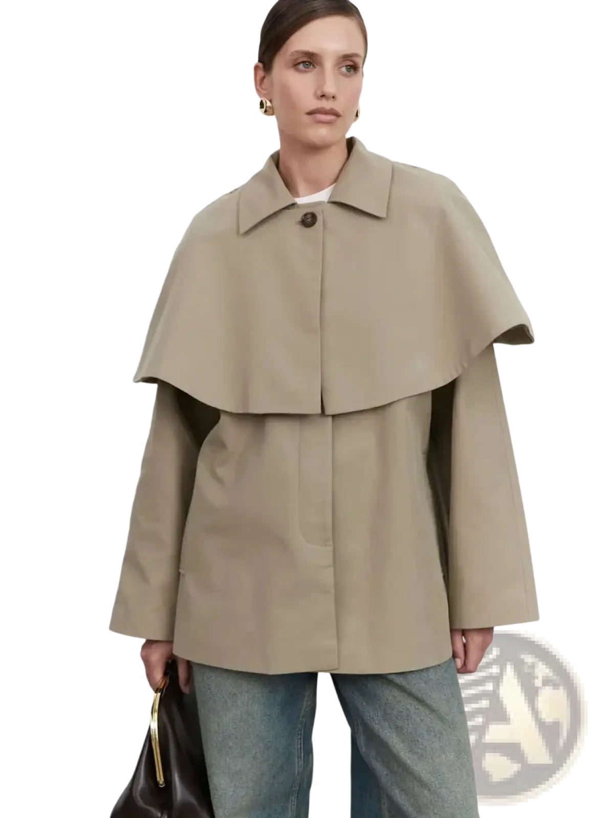 Beige women belted trench coat with cape overlay featuring double-layered flared collar and long sleeves
