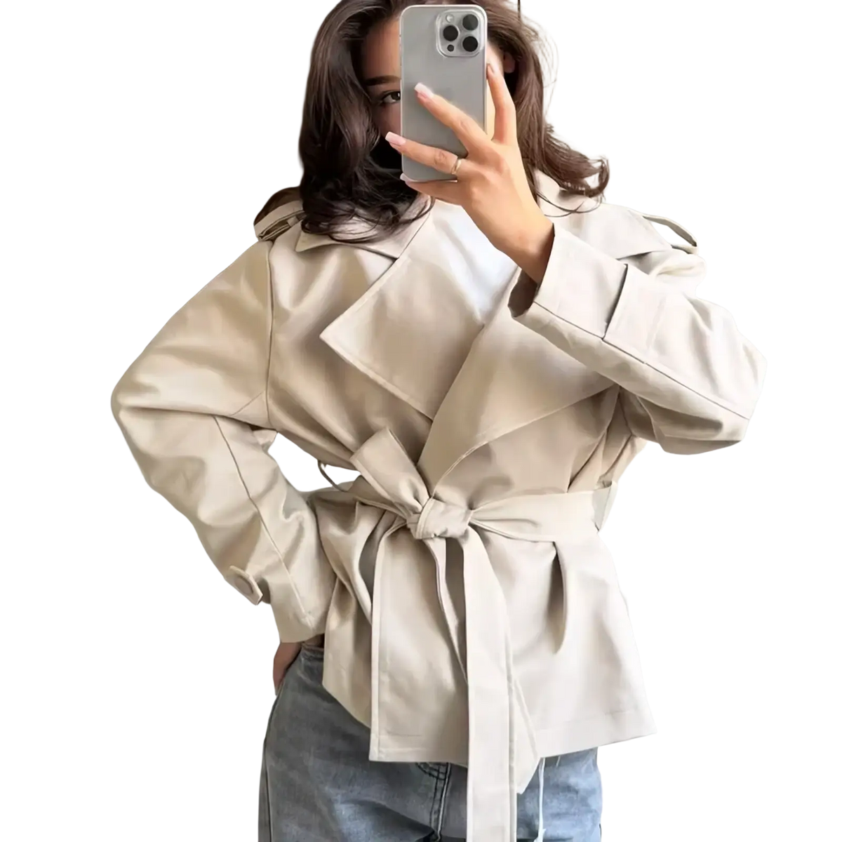 Beige women belted trench coat with structured shoulders designed for casual chic outerwear