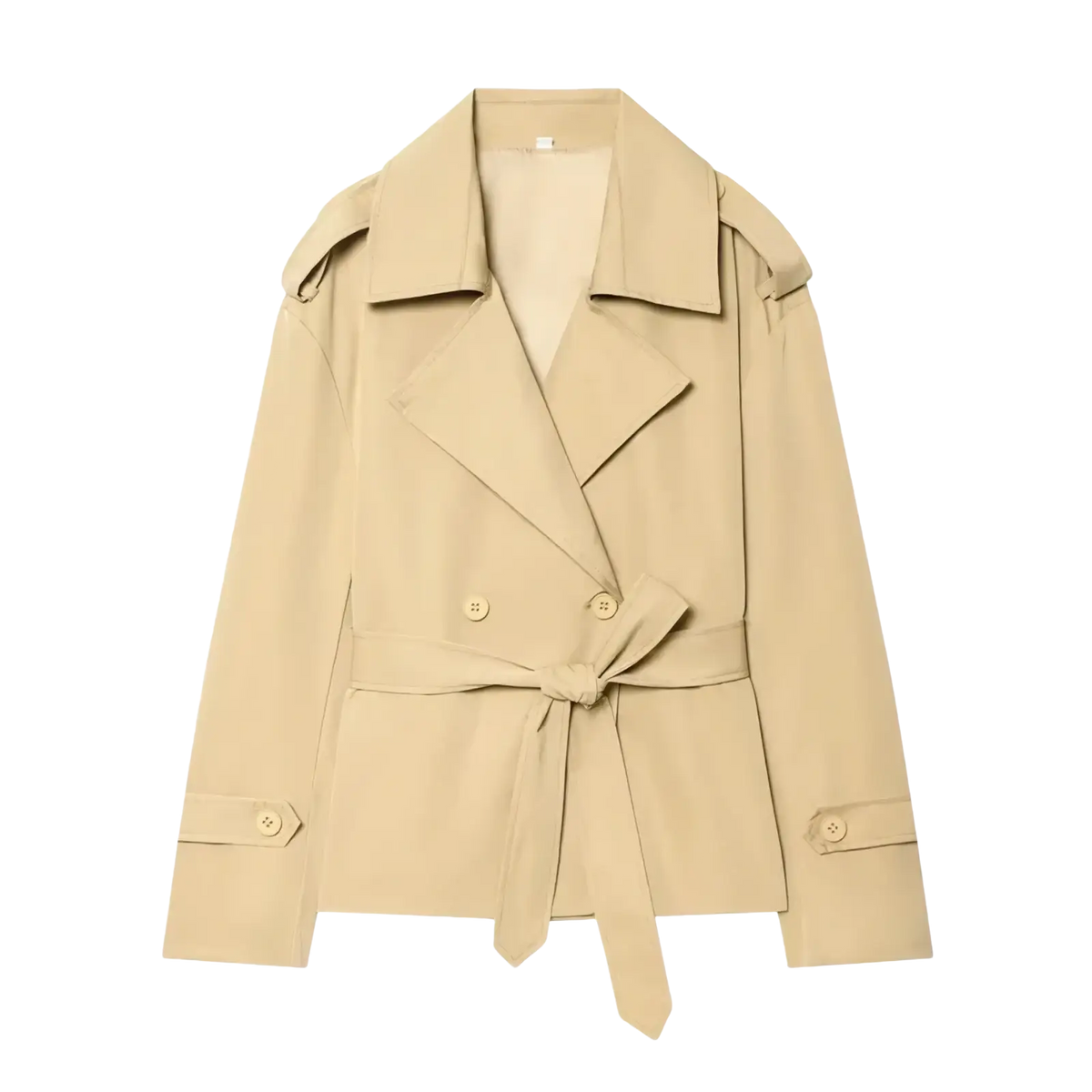 Beige women belted trench coat with double-breasted front casual chic outerwear for versatile wear