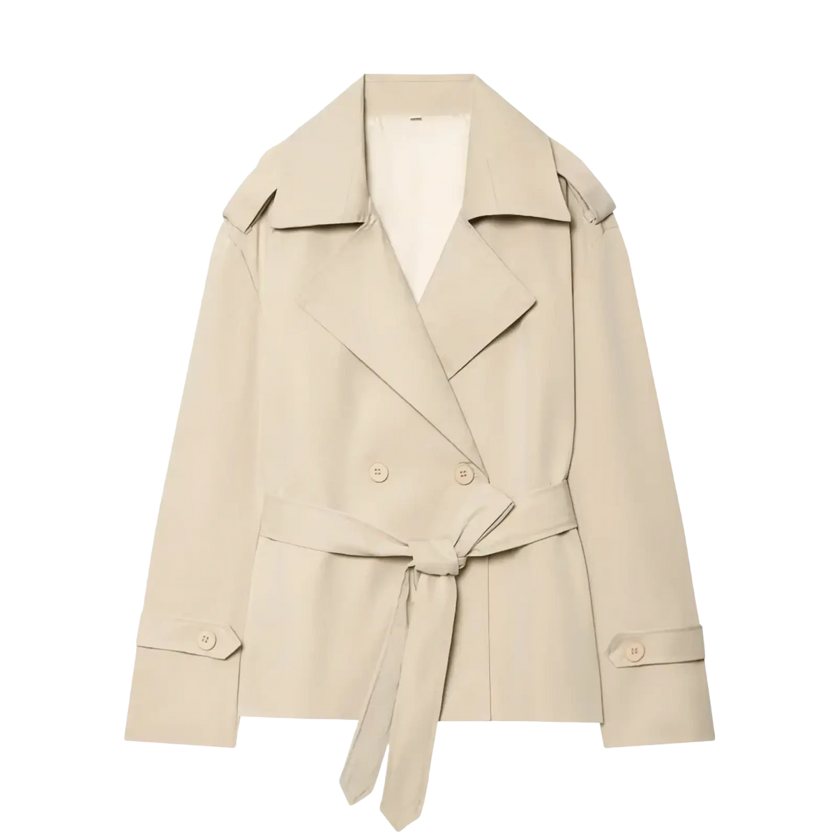 Beige double-breasted belted trench coat with structured collar for women casual chic outerwear