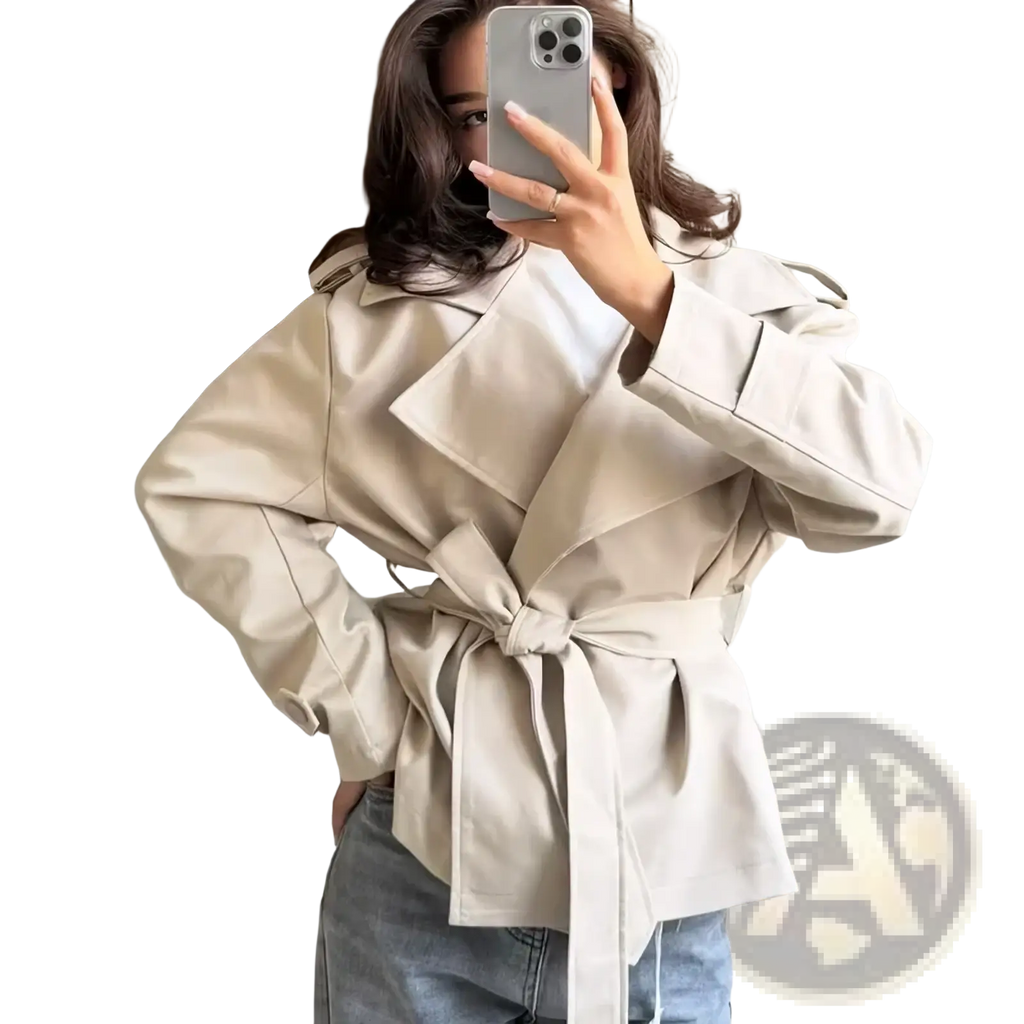 Beige women belted trench coat with structured shoulders designed for casual chic outerwear
