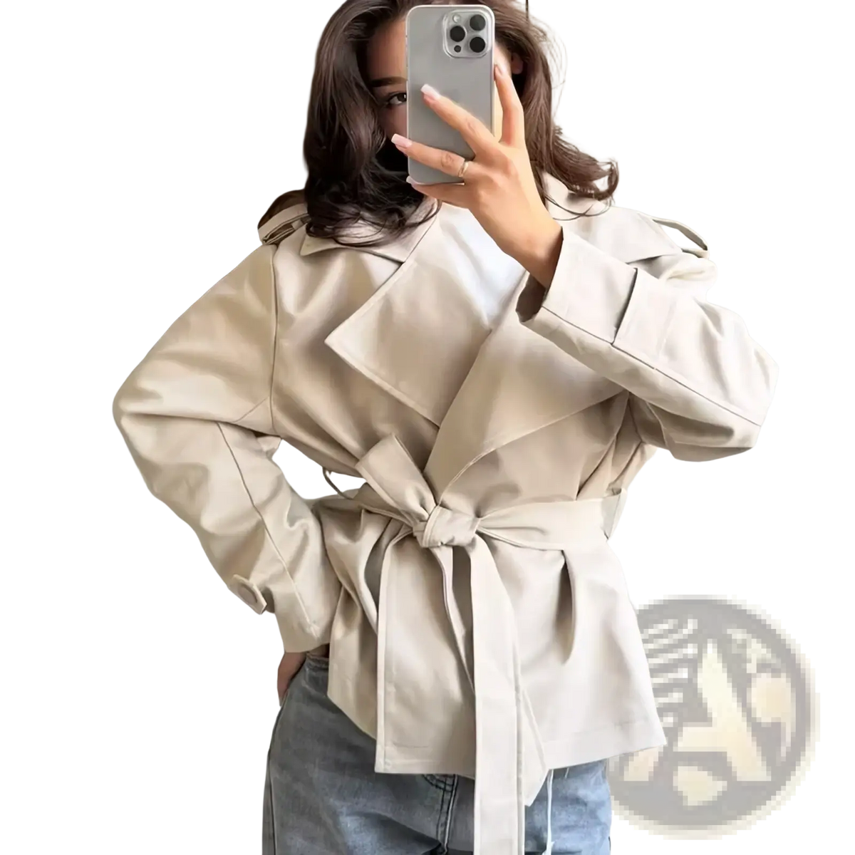 Beige women belted trench coat with structured shoulders designed for casual chic outerwear