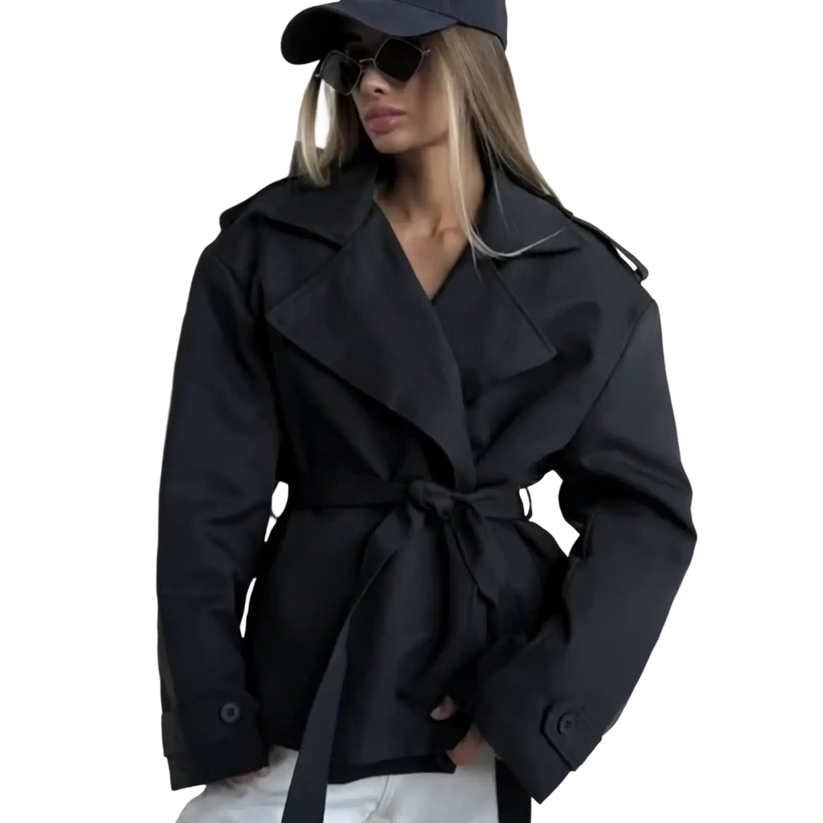 Black belted trench coat with structured shoulders and classic collar for women casual chic outerwear