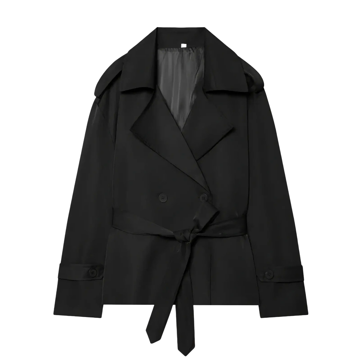 Black double-breasted belted trench coat with structured shoulders for women casual chic outerwear