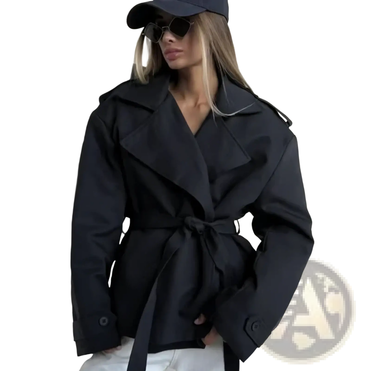 Black belted trench coat with structured shoulders and classic collar for women casual chic outerwear