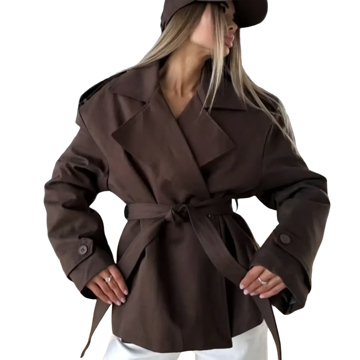 Brown belted trench coat with wide lapels designed for women casual chic outerwear