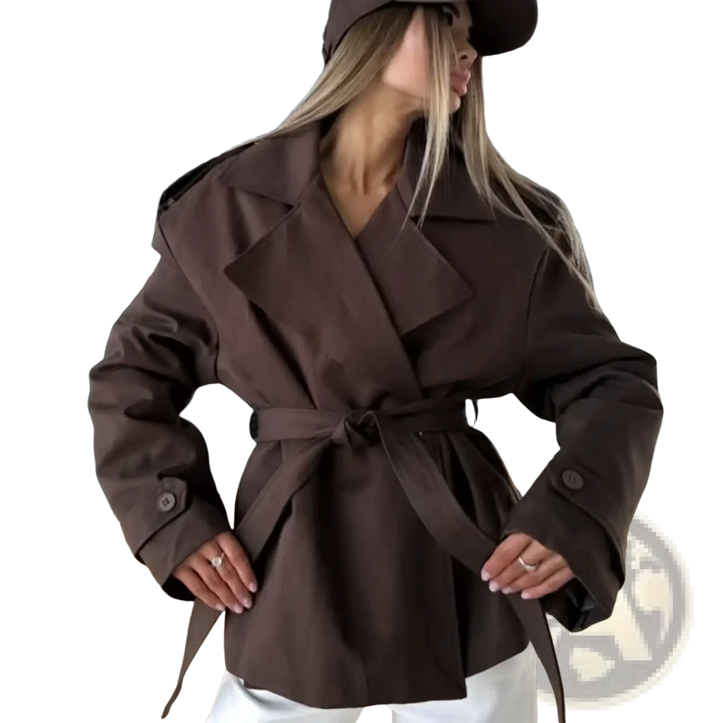 Brown belted trench coat with wide lapels designed for women casual chic outerwear