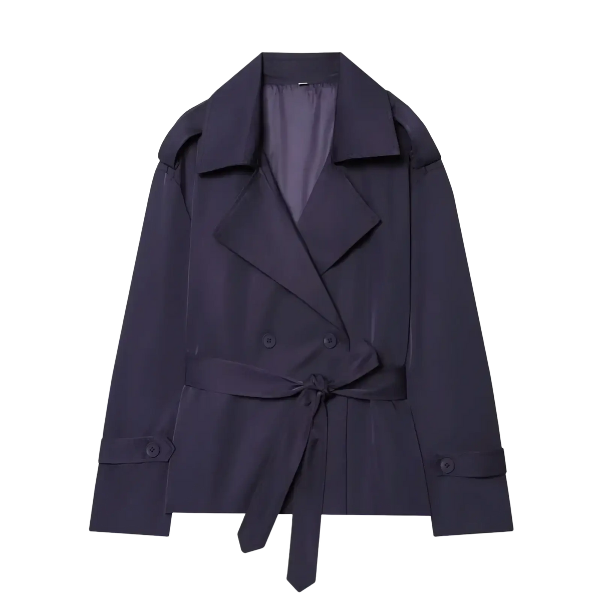 Dark navy double-breasted belted trench coat with structured shoulders for women casual chic outerwear