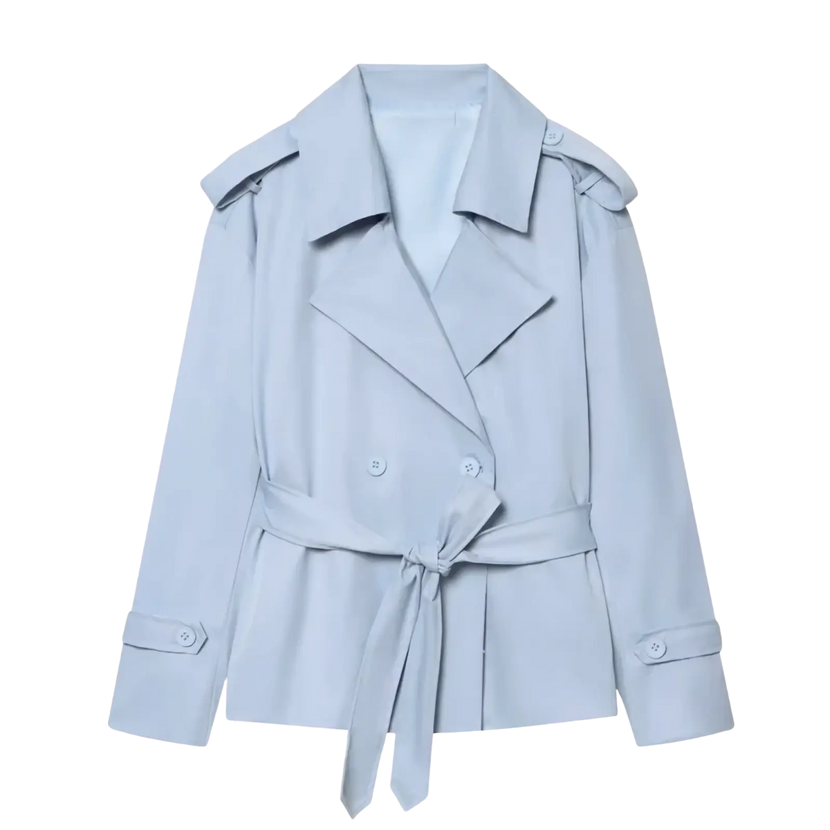 Light blue double-breasted women’s belted trench coat with epaulets for casual chic outerwear