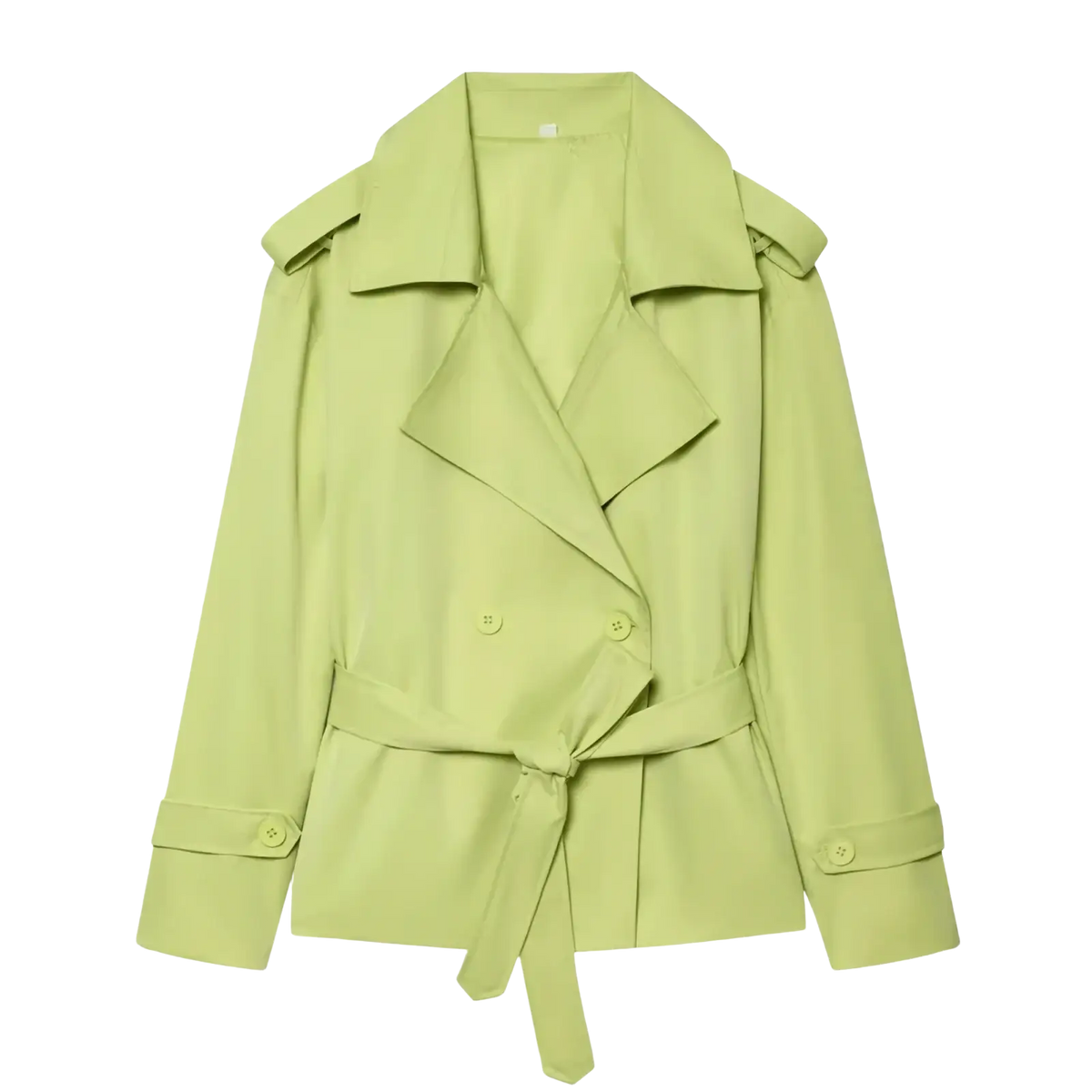 A light green women belted trench coat with a double-breasted front for casual chic outerwear