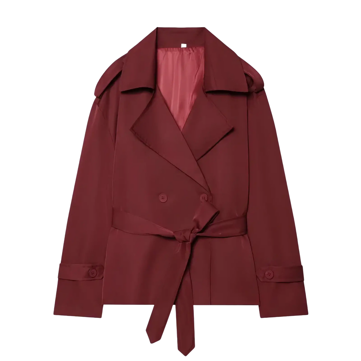 A maroon double-breasted women belted trench coat with fabric lining ideal for casual chic outerwear