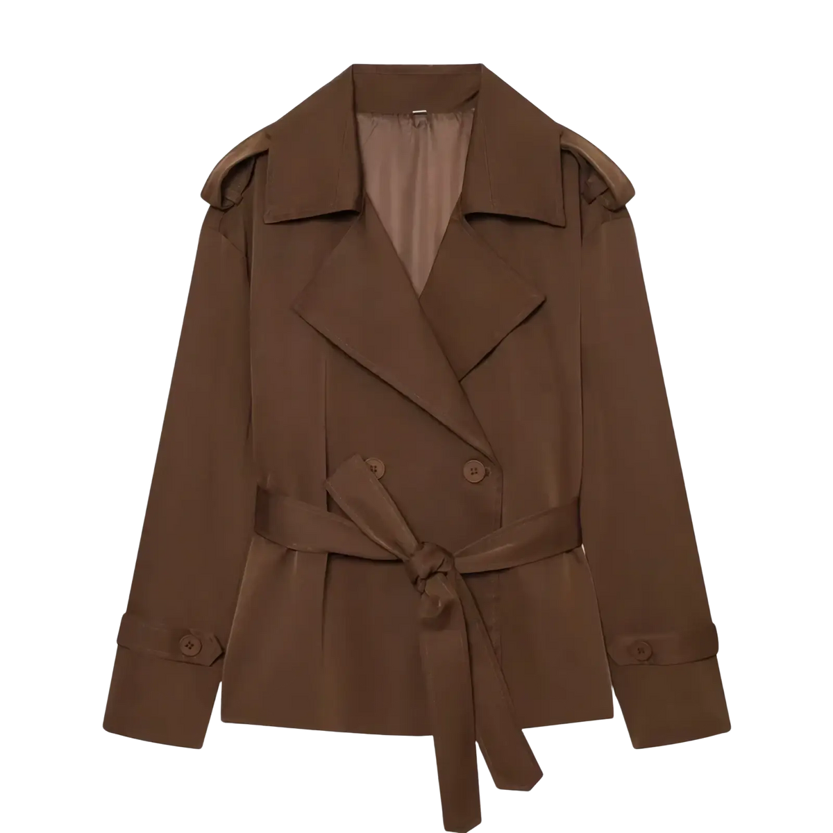 A sleek chocolate brown women belted trench coat with structured shoulders for casual chic outerwear