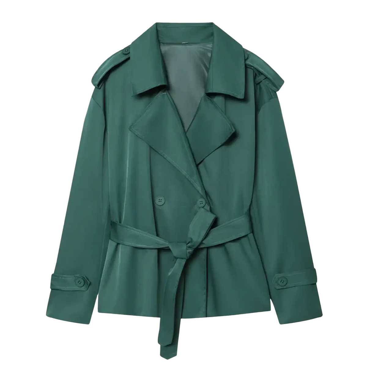 Women belt trench coat casual chic outerwear in sleek emerald green with belted waist and double-breasted design