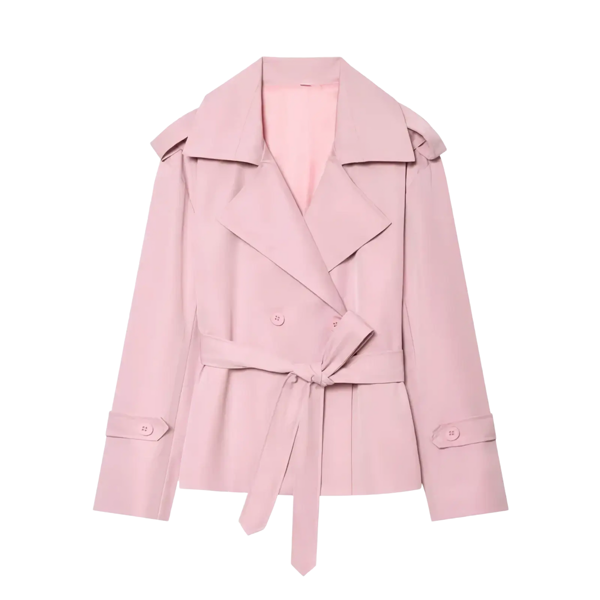 A soft pink women belted trench coat with structured collar for casual chic outerwear