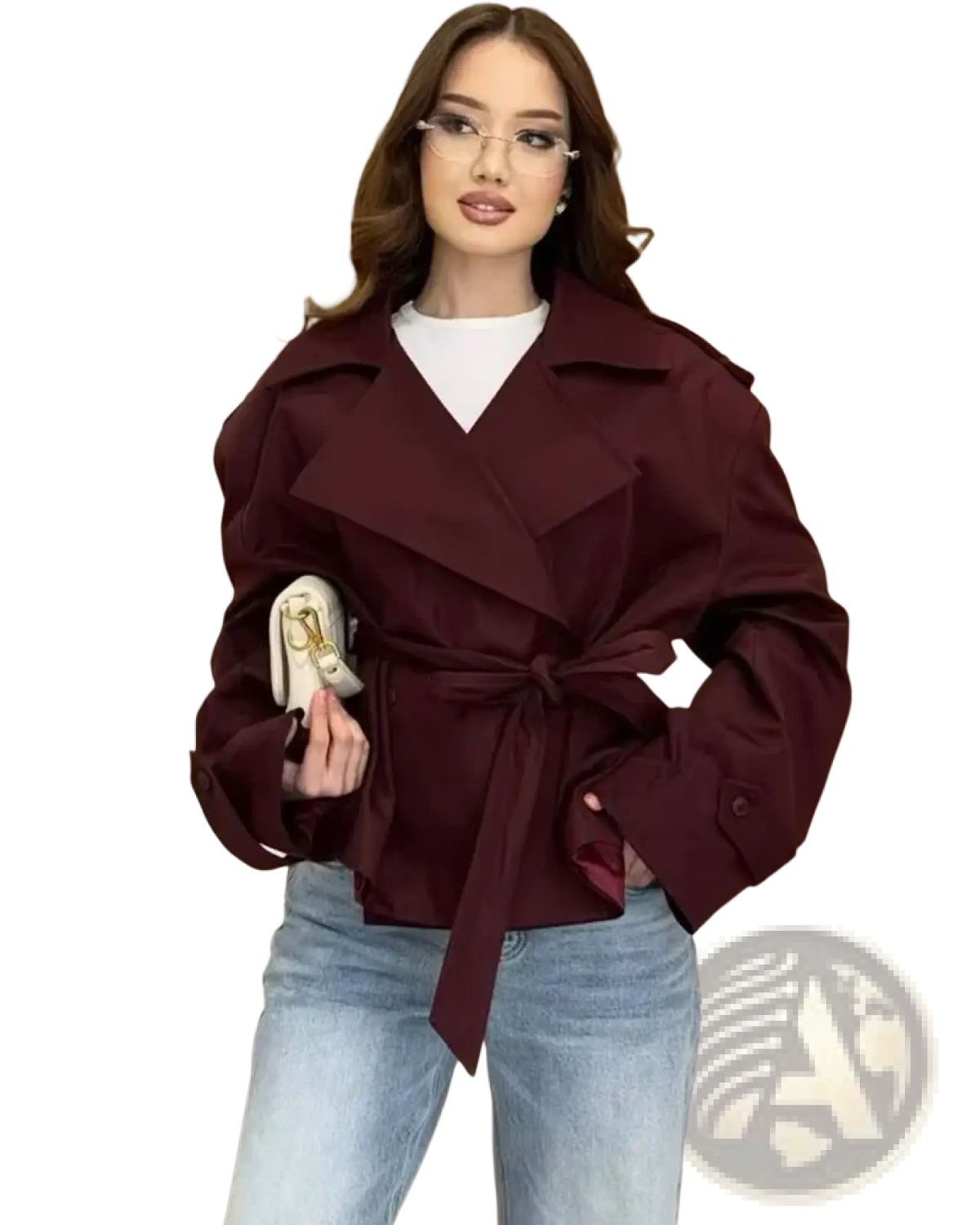 Women belted trench coat in deep burgundy with structured design and voluminous sleeves for casual chic outerwear