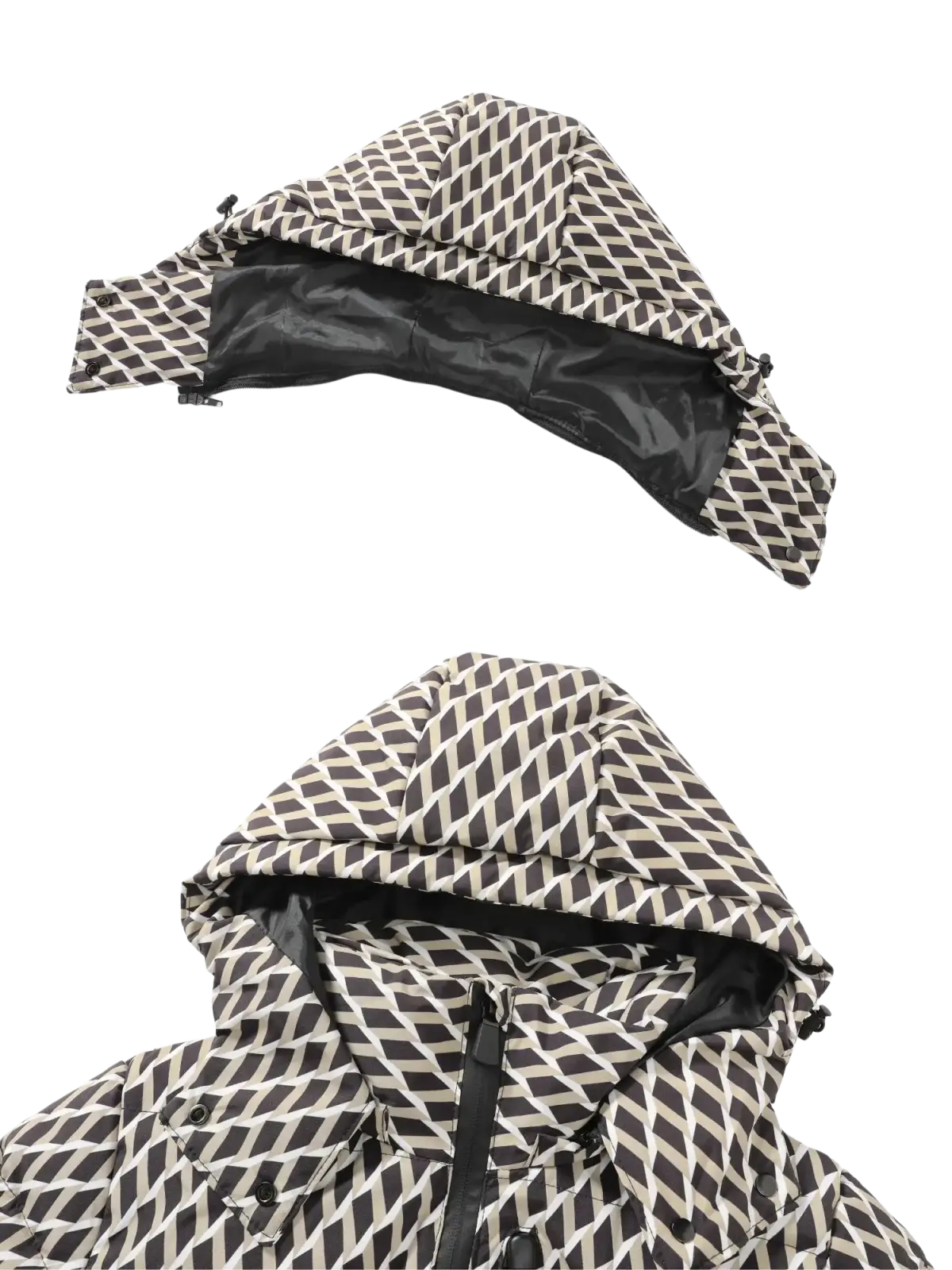 Women belted winter puffer jacket with detachable hood featuring black and white geometric diamond pattern and smooth lining