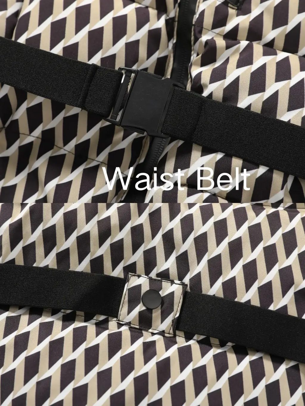 Black elastic waist belt with matte plastic buckle and snap closure on beige and dark brown geometric fabric for women winter jacket