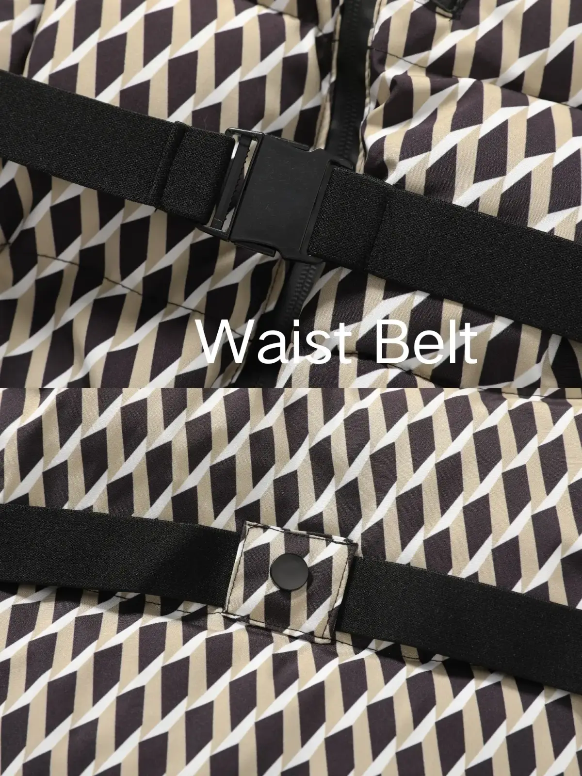 Black elastic waist belt with matte plastic buckle and snap closure on beige and dark brown geometric fabric for women winter jacket