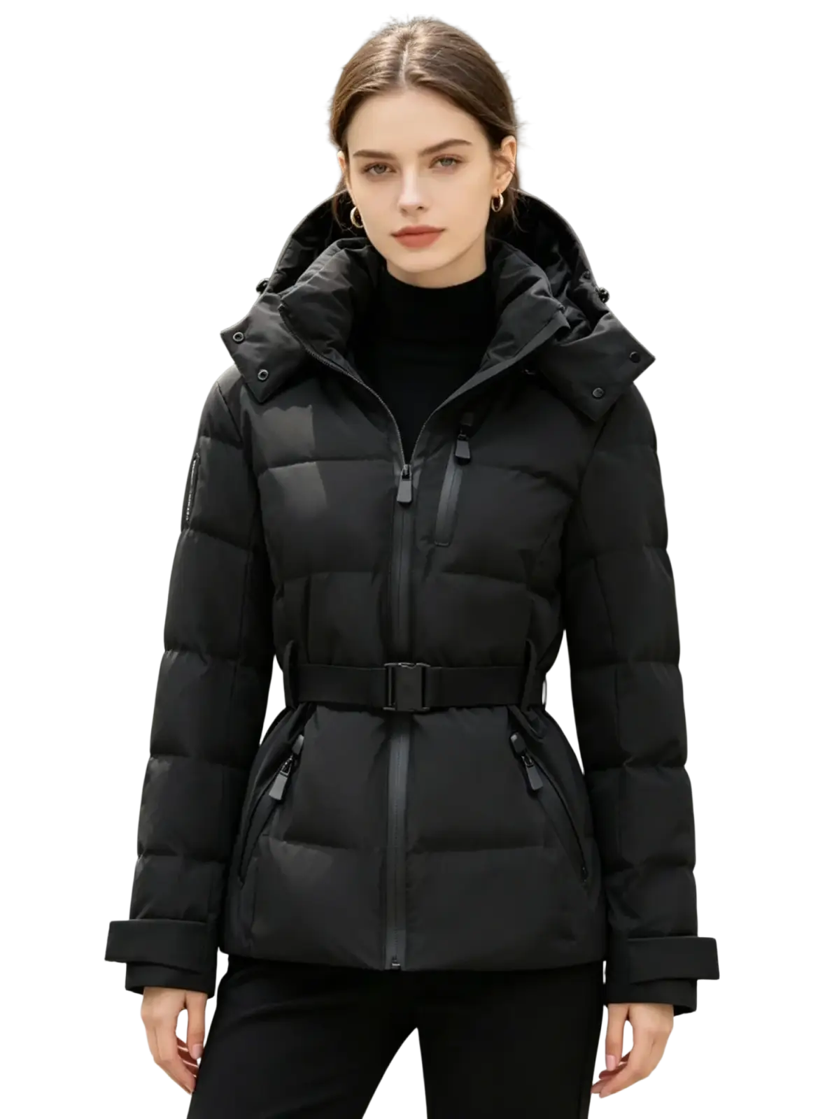 Black quilted women belted winter puffer jacket with detachable hood and zippered pockets for cold weather use