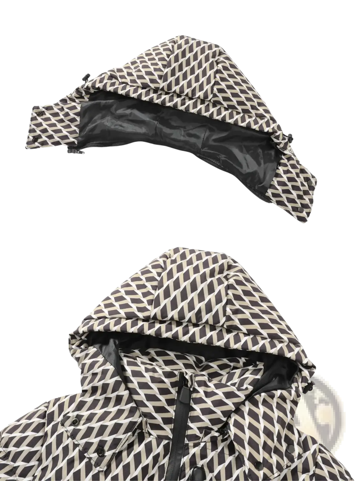 Women belted winter puffer jacket with detachable hood featuring black and white geometric diamond pattern and smooth lining