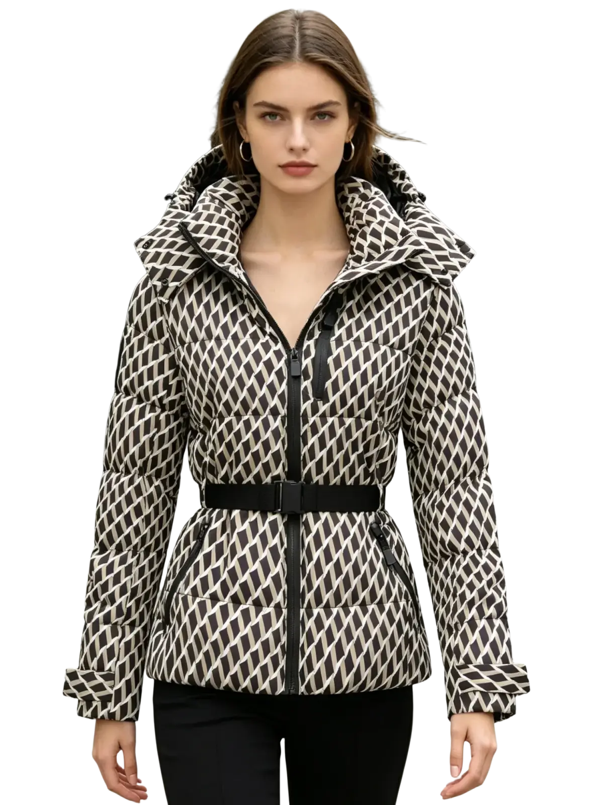 A stylish black and white geometric patterned women belt winter puffer jacket with detachable hood and belted waist