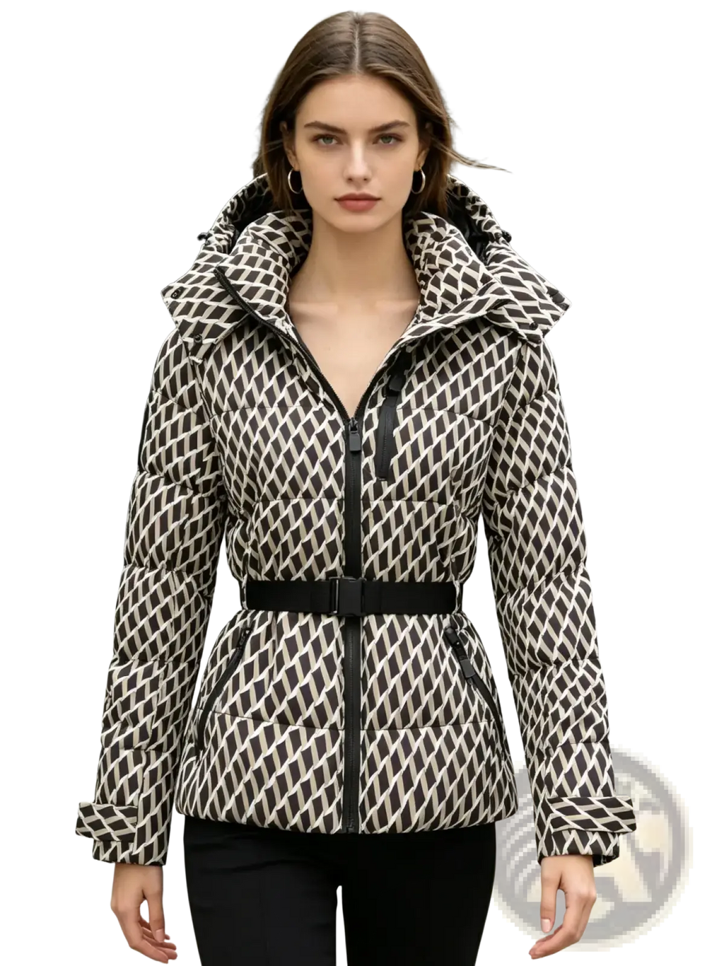 A stylish black and white geometric patterned women belt winter puffer jacket with detachable hood and belted waist