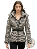 A stylish black and white geometric patterned women belt winter puffer jacket with detachable hood and belted waist