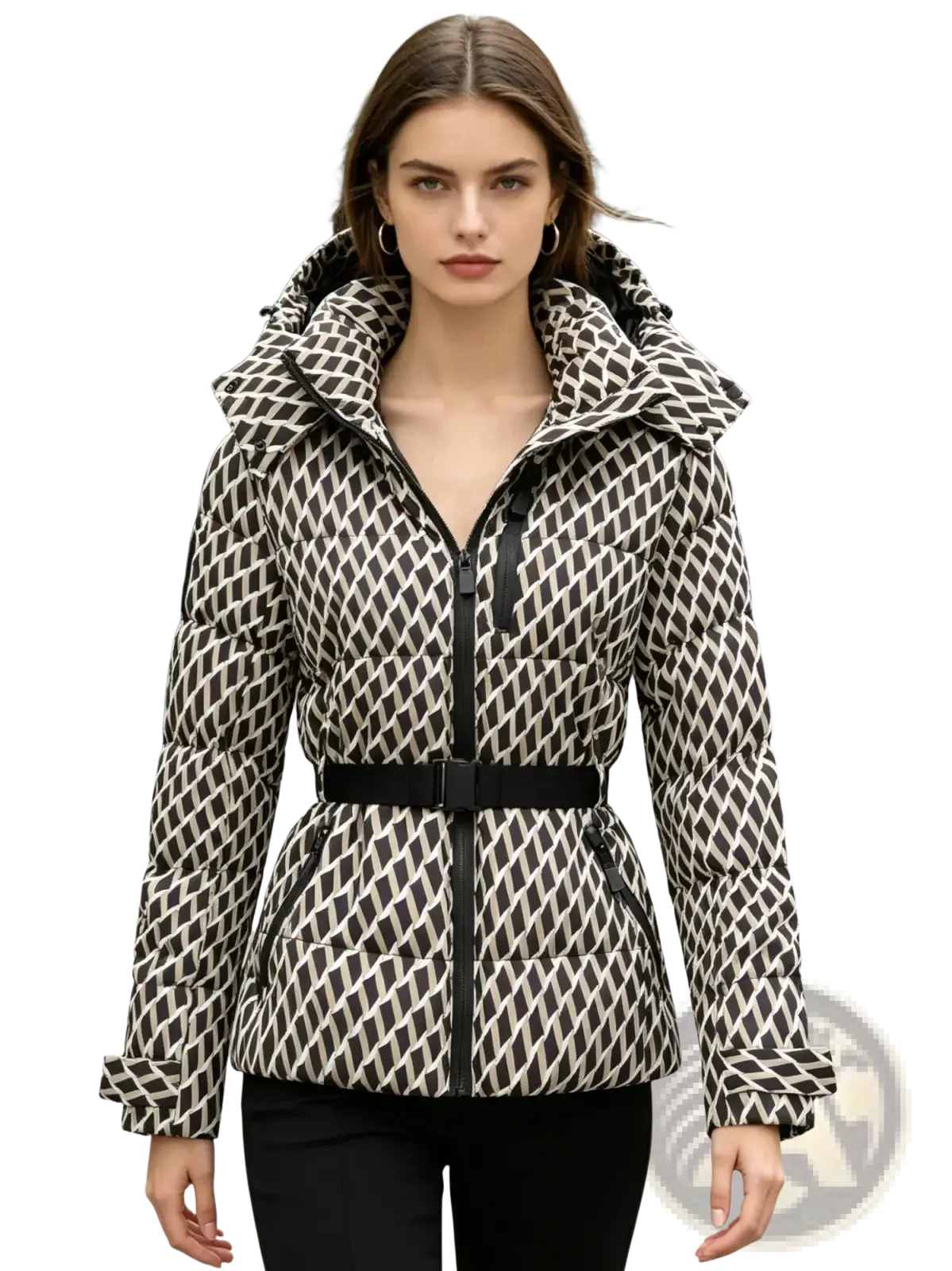 A stylish black and white geometric patterned women belt winter puffer jacket with detachable hood and belted waist